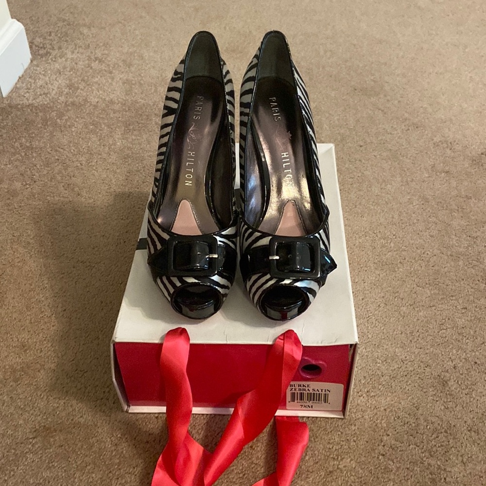 Paris Hilton zebra satin heels.